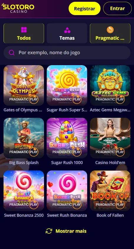Lobby de slots do Slotoro casino com os melhores jogos Pragmatic Play em destaque: Sweet Bonanza, Gates of Olympus, Big Bass Bonanza e outras slots de alta volatilidade