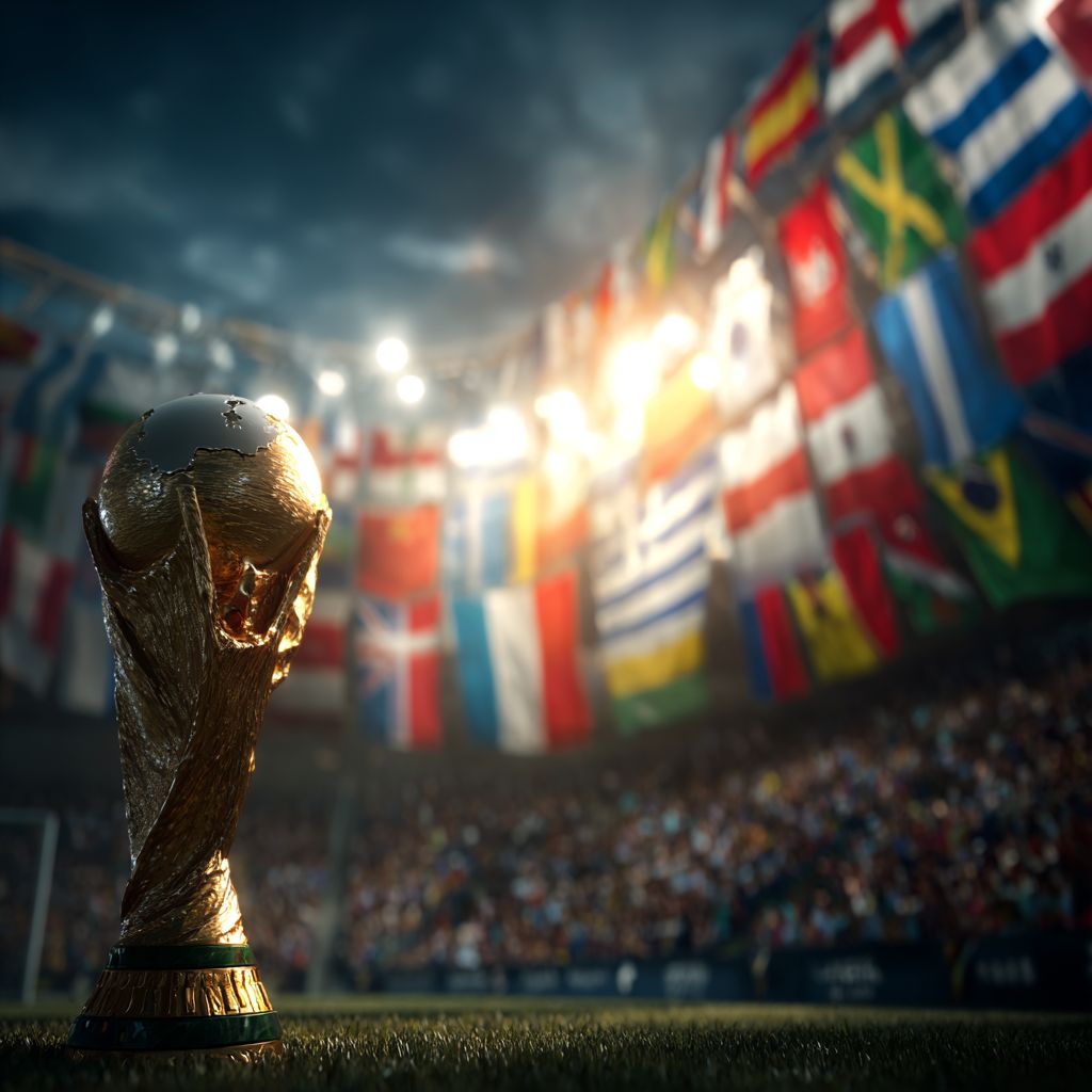 Troféu do Mundial 2026 num estádio com as bandeiras das seleções