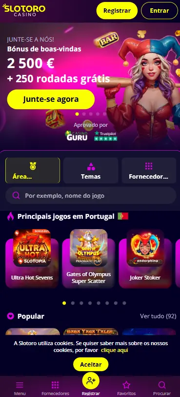 Mockup mobile do Slotoro casino com bónus de boas-vindas €2.500 e 250 rodadas grátis em destaque, hero da nossa redação editorial 2026