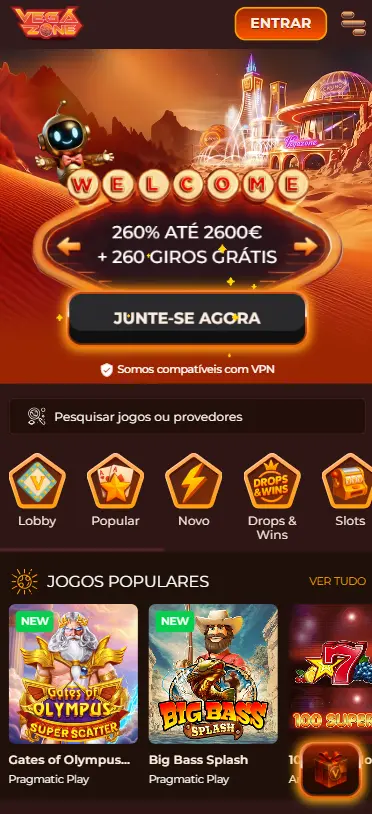 Mockup mobile do Vegazone casino com 10000 jogos auditados de 110 providers e biblioteca premium lançado em Agosto 2025